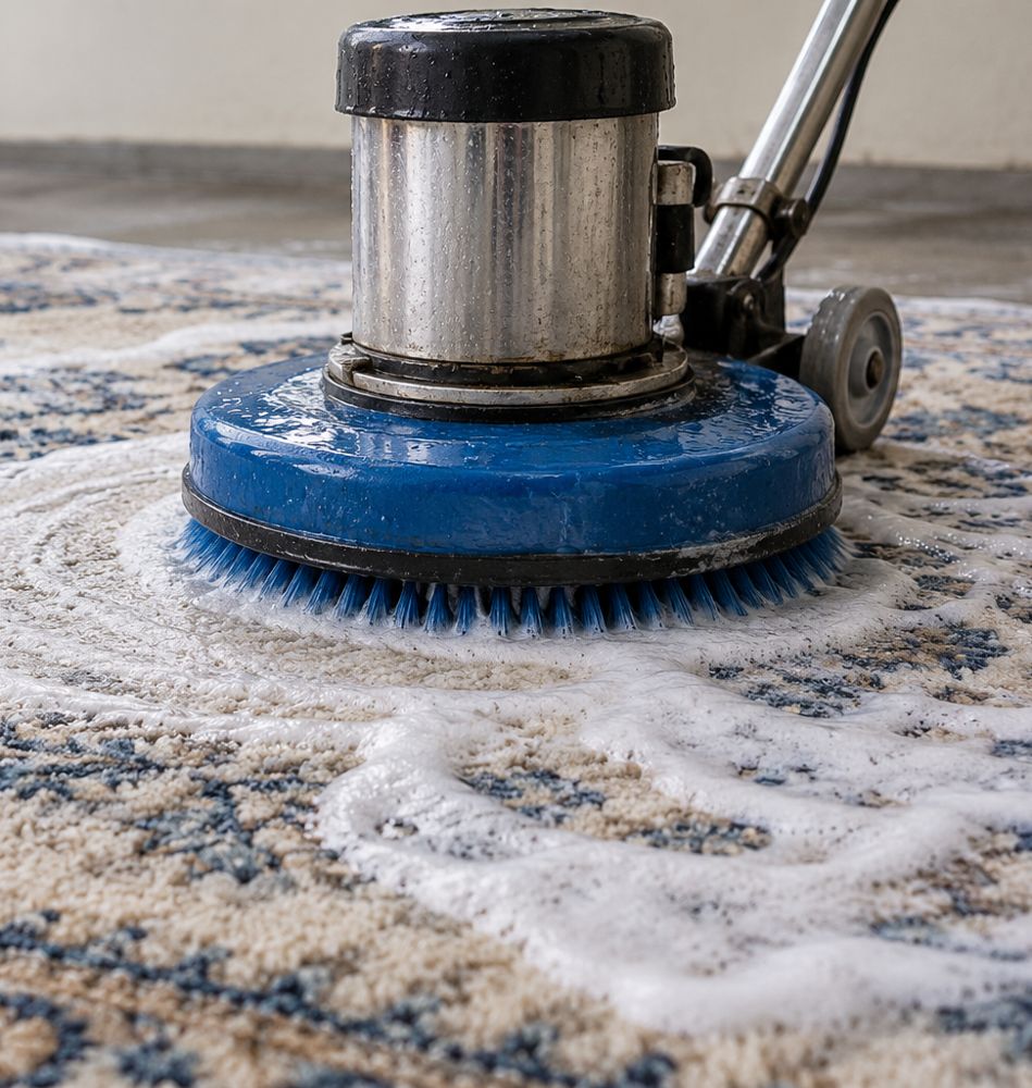 Tapete sendo lavado com enceradeira rotativa e espuma